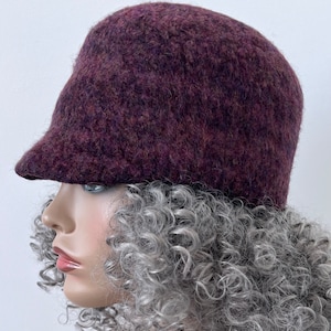 plum Tweed Felted Beanie with Visor, Wool Cap, Women’s Felted Cap, Wool Beanie,  Cloche, fits sizes 23” to 24” Ready to Ship