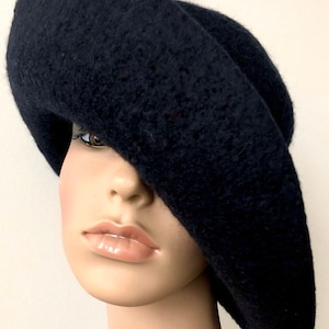 black 3.5” Wide Brim Felt Hat, Felted Hat for Women, Warm Winter Hat, Wool Cloche, Floppy Wool Hat, Ready to Ship