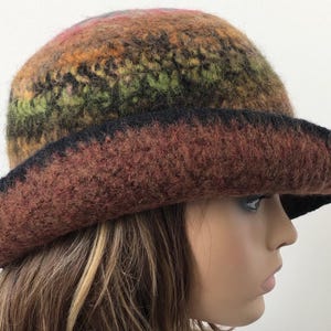 Felted Wool Cloche Hat with 3” Wide Brim for Women in Spicy Pumpkin Tones with Black Trim, Stylish Winter Hat, Handmade in your size