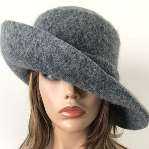 women’s Dark Gray Wool Cloche Hat with 3.5” wide brim, Felted Wide Brim Hat, Handmade Felted Wool Hat Size 22” Ready to Ship