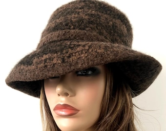 Dark Brown Tweed Wool Cloche: Handmade Felted Winter Hat