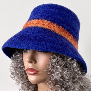 Bright Blue Felted Wool Cloche Hat with 2.5&quot; wide brim and Inverted hatband in contrasting color for Women, Handmade in your size