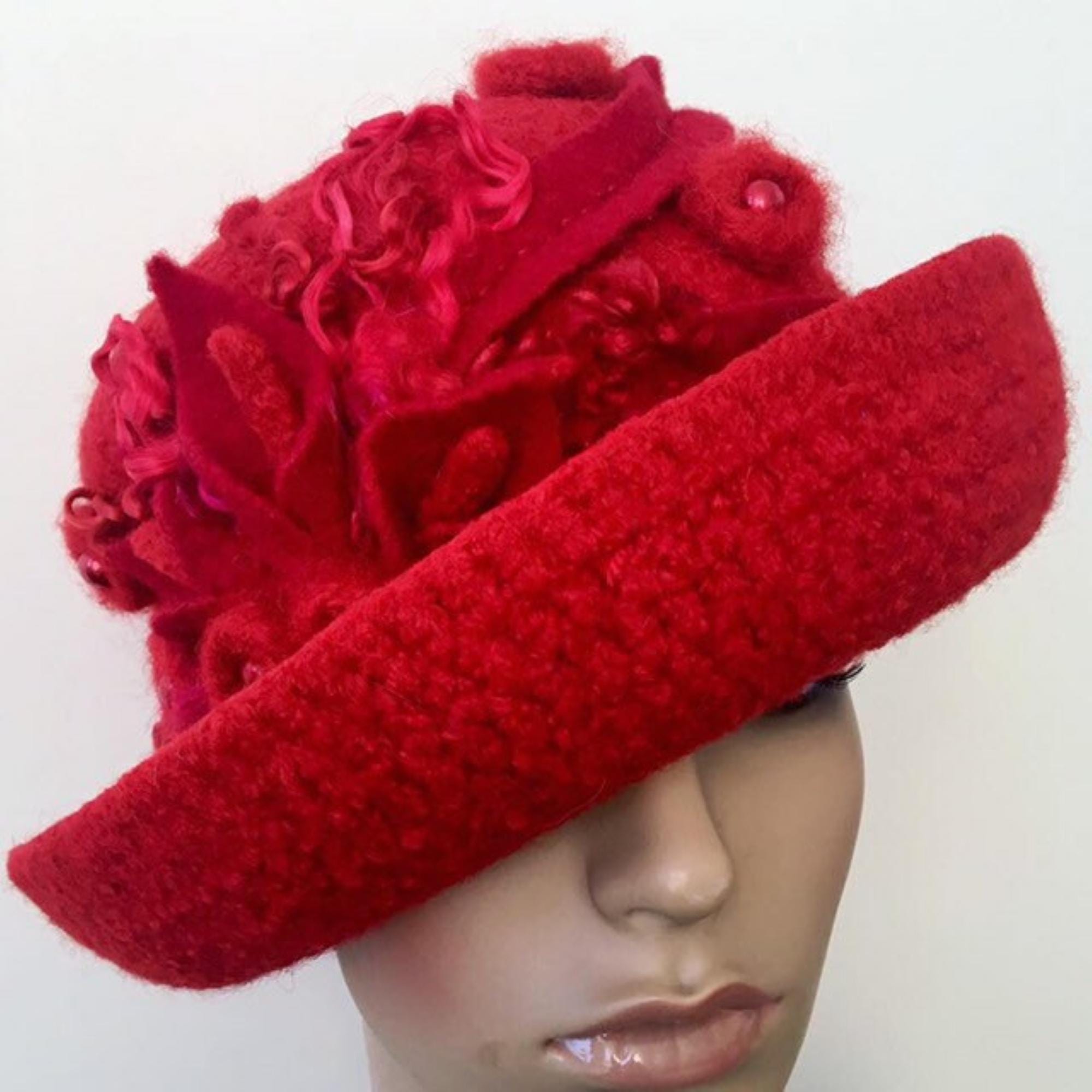 Platania Italy Ladies Red‎ Wool Felt Cloche Hat Vintage Big Flower Downton Abbey Womens red cloche winter felt hat. 1920s style Hat. Downton  main image 2