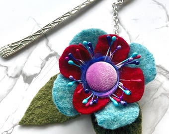 Felted Wool Handmade Flower Brooch, Bookmark, or Purse Charm