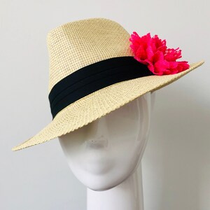 Light Beige Straw Panama Hat With Hot Pink Flower Summer - Etsy