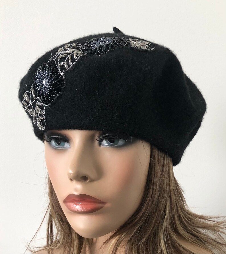 black Felt Beret, Women's Wool Beret, French Style Beret, Classic Felt Beret 22 up to 23 Ready to Ship image 6