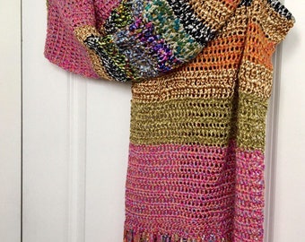 OOAK Crochet Art Scarf: Pink Vintage Shawl Wrap with Fringe