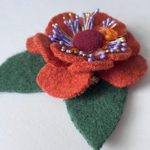 Burnt Orange Felted Wool Flower Brooch: Handmade Autumn Pin