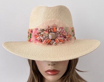 Women’s Beige Wide brim Straw Fedora Hat with colorful ribbon trim and peach beaded embellishment 22”up to 23” hat Ready to Ship UPF 50+