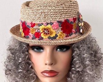 Sombrero de Paja de Verano con Adornos Florales para Mujer, Sombrero de Paja Beige talla S/M Listo para Enviar