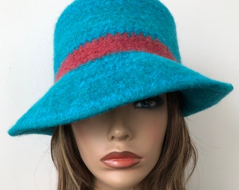 Turquoise Merino Wool Cloche Hat – Felted Fall Winter Hat 