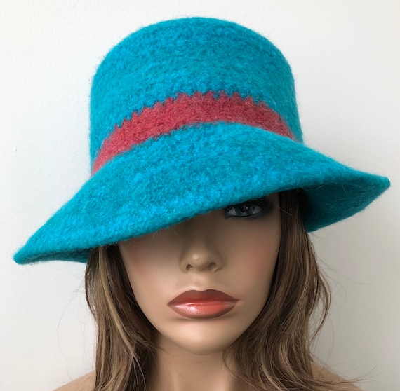 Bright Turquoise Wool Felted Cloche Hat: Wide Brim Coral 