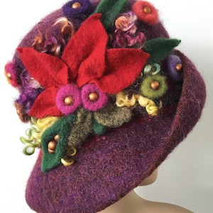 Felted Wool Hat with Flowers, Art Deco Hat, Plum Felted Hat, Downton Abbey Hat, Felt Cloche Hat, Gatsy Women&#39;s Hat, 1920&#39;s Cloche Hat