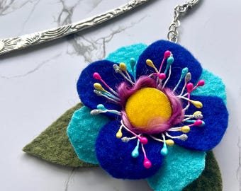 Felted Wool Handmade Flower Bookmark, Brooch, or Purse Charm