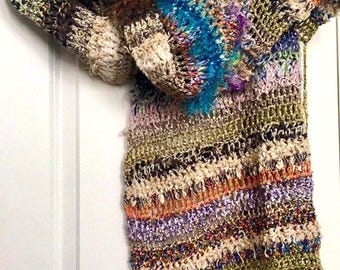 OOAK Green Crochet Art Throw: Vintage Boho Shawl, Handmade Fiber Art