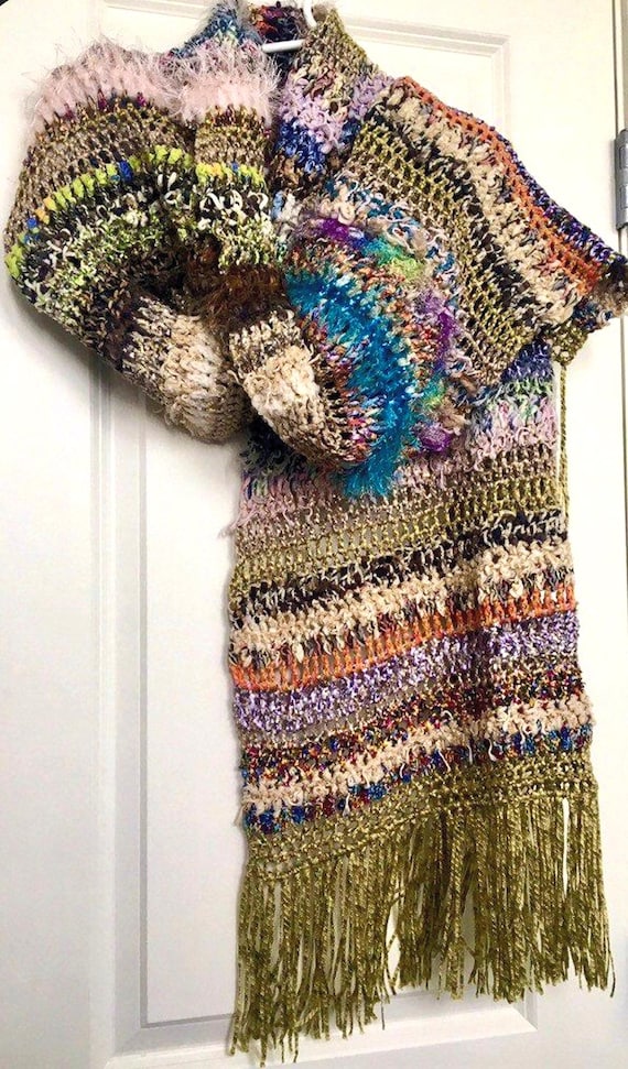 OOAK Green Crochet Art Throw: Vintage Boho Shawl, Handmade Fiber Art