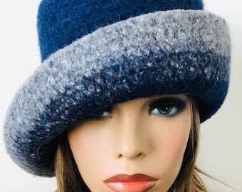 Winter Felted Hat with Curled Brim, Felted Brimmed Hat, Women’s Wool Felt Hat, Ladies Felt Cloche, Handmade Felted Hat