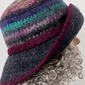 Handmade Felted Wool Cloche Hat: Extra Wide Brim, Colorful Tweed