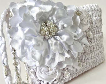 SALE Unique White Wedding Purse Bag with Flowers, White Bridal Clutch, Handmade Clutch Purse ready to ship