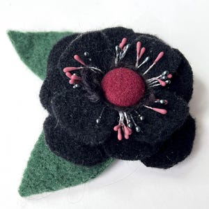 Black Felted Wool Flower Brooch: Recycled Sweater Pin, 3.5&quot;