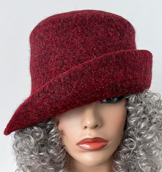 Handmade Burgundy Felted Wool Cloche Hat: Curled Brim - Etsy  display picture 2