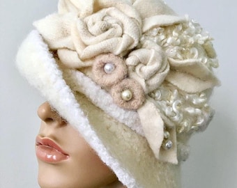 Felted Wool Cloche Hat: Winter White Gatsby Style with Flowers