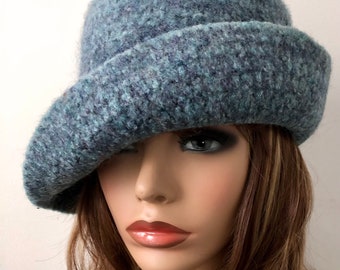 Light Blue Felted Wool Cloche Hat: Tweed Curled Brim