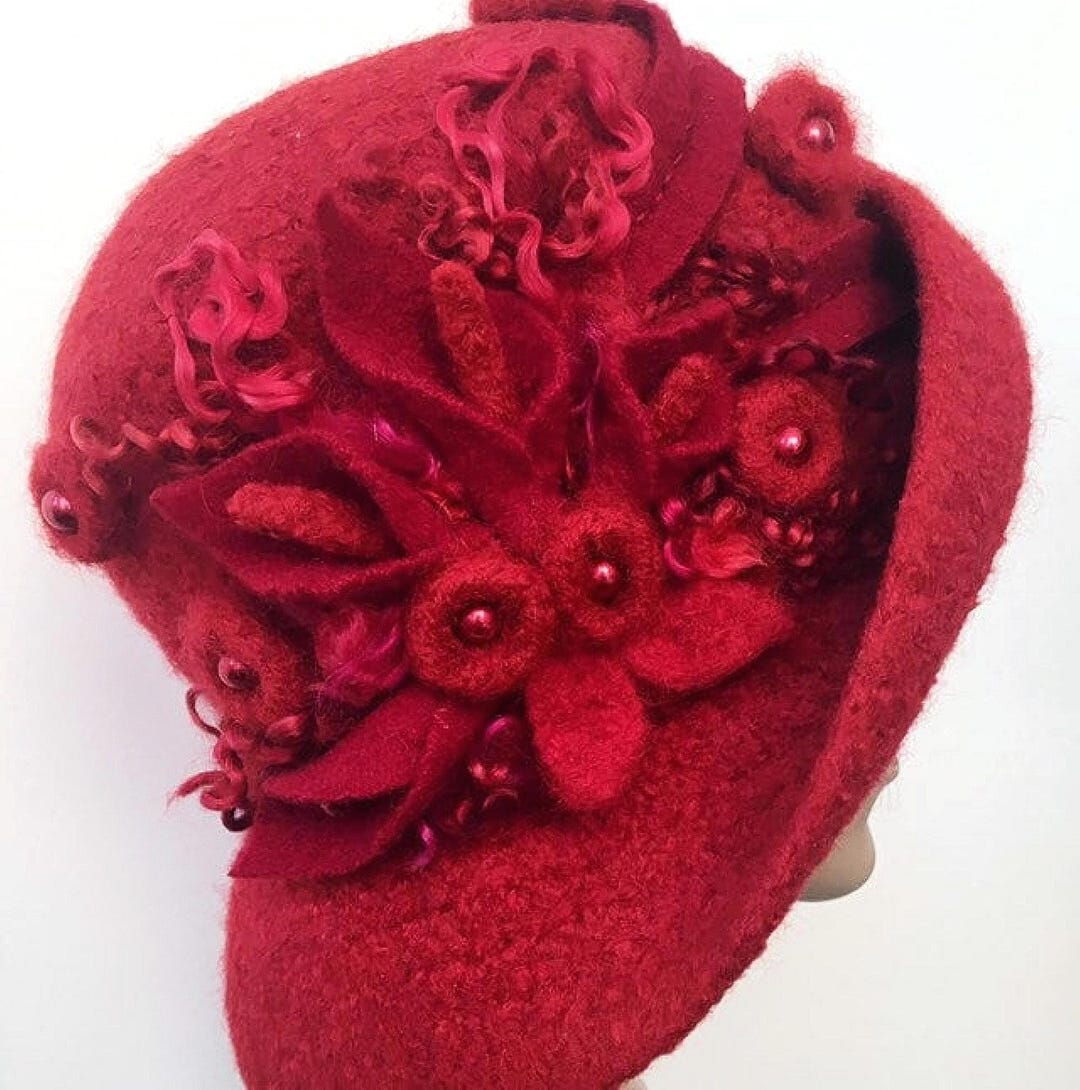 Red Felted Cloche Hat: Downton Abbey Style With Wool Flowers  display picture 3