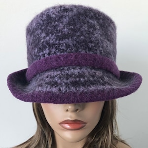 Purple Tweed Wool Cloche, Wool Bucket Hat, Felted Wool Hat, Women&#39;s Warm Winter Hat
