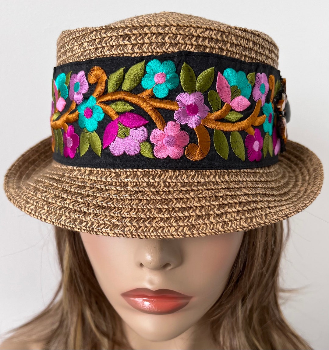 Tan Straw Hat With Embroidered Ribbon and Beaded Appliqué, Women Straw