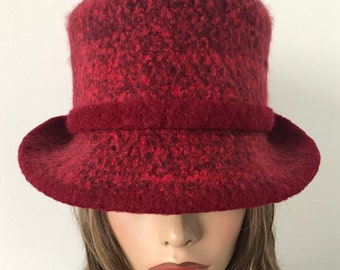 Rich Red Tweed Wool Cloche, Wool Bucket Hat, Felted Wool Hat, Women's Warm Winter Hat