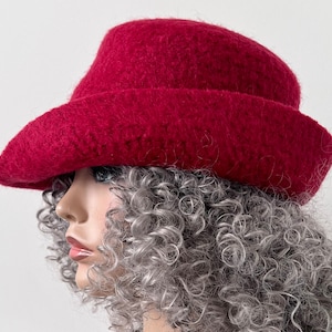 Red Wool Felted Cloche Hat: Handmade Wide Brim Bowler