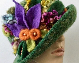 Felted Wool Hat with Flowers, Green Felted Hat, Women's Felted Cloche, Wool Felt Hat, Art Deco Hat
