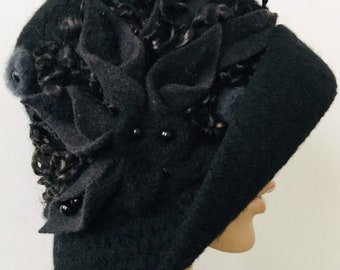 1920s Handmade Felted Art Cloche Hat with flowers, Black Felt Hat, Flapper Hat, Wool Felt for Women