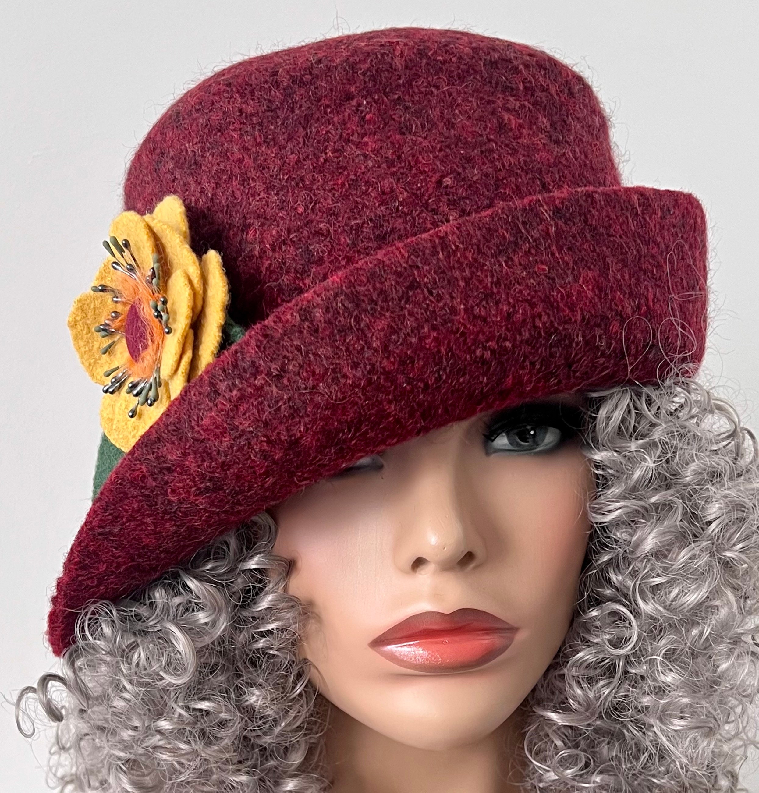 Handmade Burgundy Felted Wool Cloche Hat: Curled Brim - Etsy  display picture 2