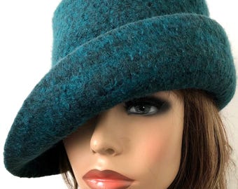 Handmade Tweed Wool Felted Cloche Hat - Green Teal Curved Brim