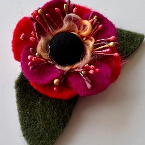 Felted Flower Brooch: Magenta & Red Wool Pin, Handmade Boutonniere