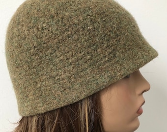Light Olive Green Felted Wool Beanie: Unisex Cloche Hat