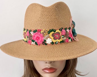 Tan Wide Brim Straw Panama Hat with Colorful Trim beading embellishments, Straw Fedora Hat, size 23” up to 24”, Ready to Ship, UPF 50+