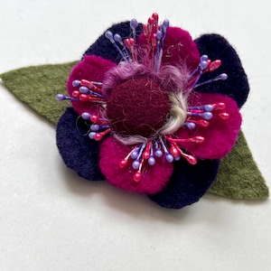 Felted Flower Brooch: Magenta Purple Wool Pin, Handmade