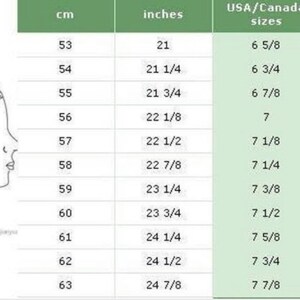May include: A chart showing hat sizes in centimeters, inches, USA/Canada sizes, and universal sizes. The chart shows sizes from 53 cm to 63 cm, or 21 inches to 24 7/8 inches.