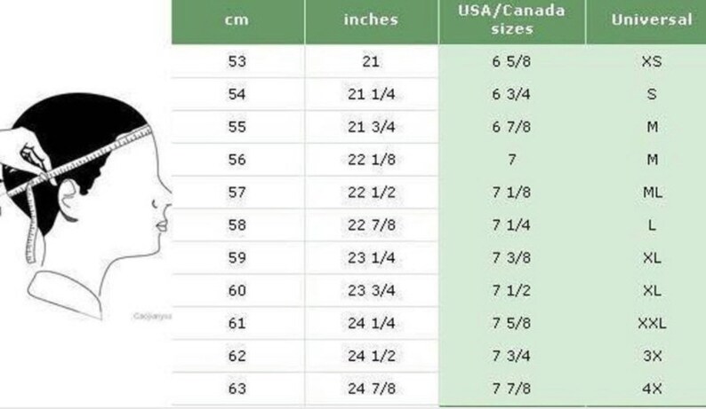 May include: A chart showing hat sizes in centimeters, inches, USA/Canada sizes, and universal sizes. The chart shows sizes from 53 cm to 63 cm, or 21 inches to 24 7/8 inches.