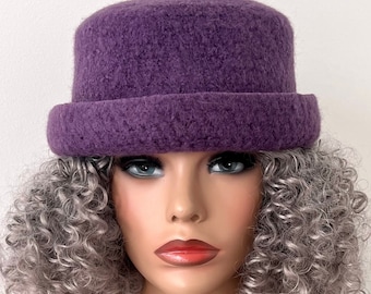 purple Bowler Hat, Wool Pill Cloche Hat, Felted Hat for Women, Wool Bucket Hat size 23” ready to ship