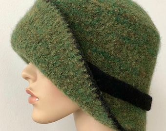 Green Wool Felted Cloche Hat: Handmade 1920s Flapper Style