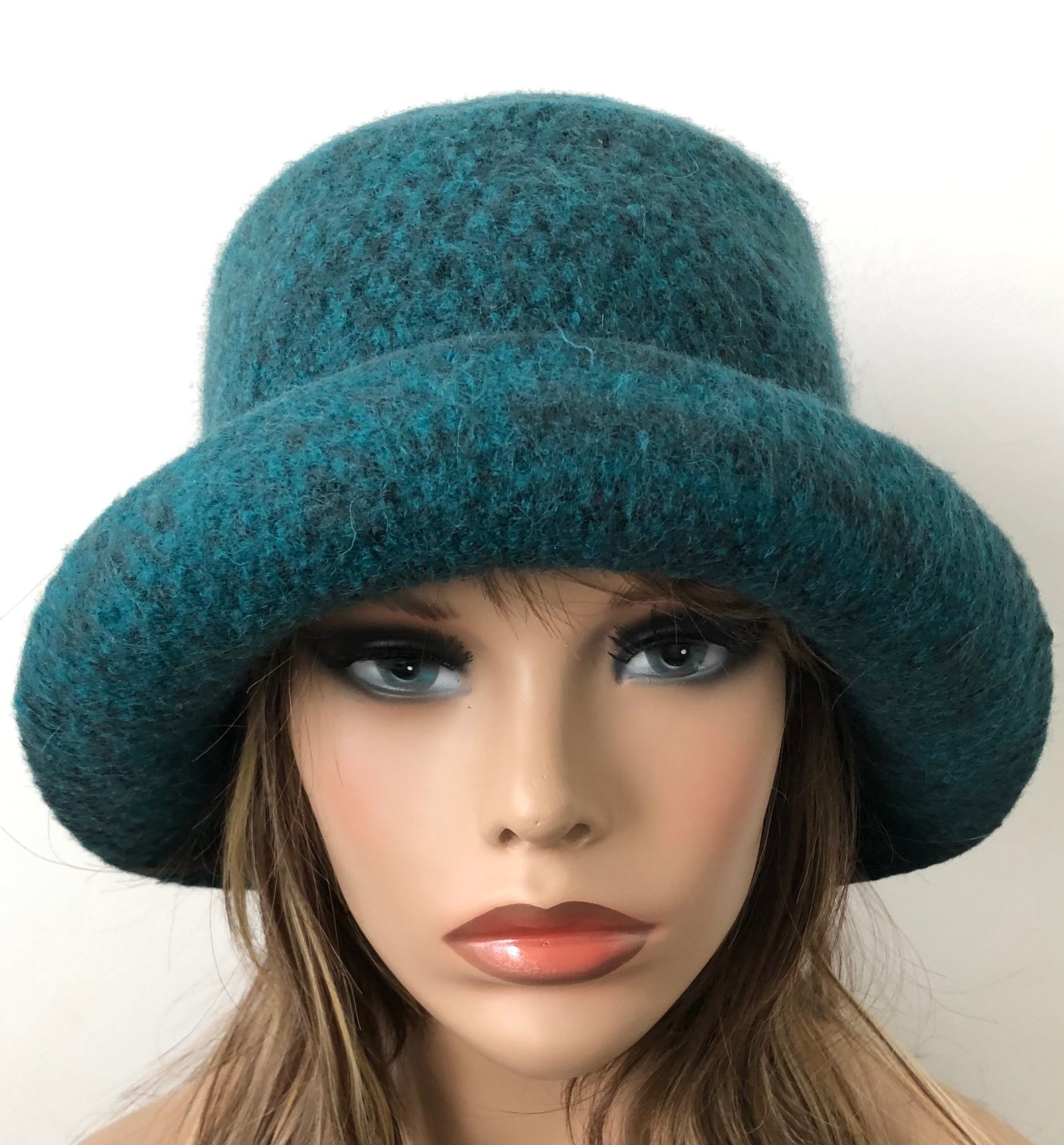 Womens Felt Hat Teal Rolled Brim Hat Handmade Felted Hat Etsy