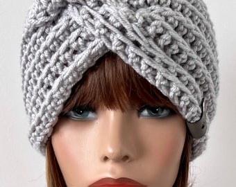 Silver gray Winter Headband, Crochet Twisted Headband size 22 to 24” Medium/Large Ready to Ship