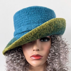 Winter Felted Wide Brim Hat in any colors, Women’s Teal Felted Hat, Ladies Felt Cloche, Handmade Unique Felted Hat