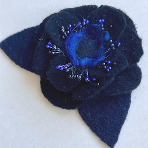 Felted Wool Flower Brooch: Black, Navy, & Bronze - Upcycled Sweater Jewelry