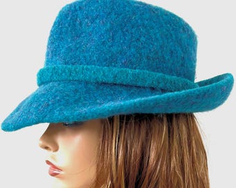 Teal Felted Fedora Hat: 2.5" Wide Brim Boho Style