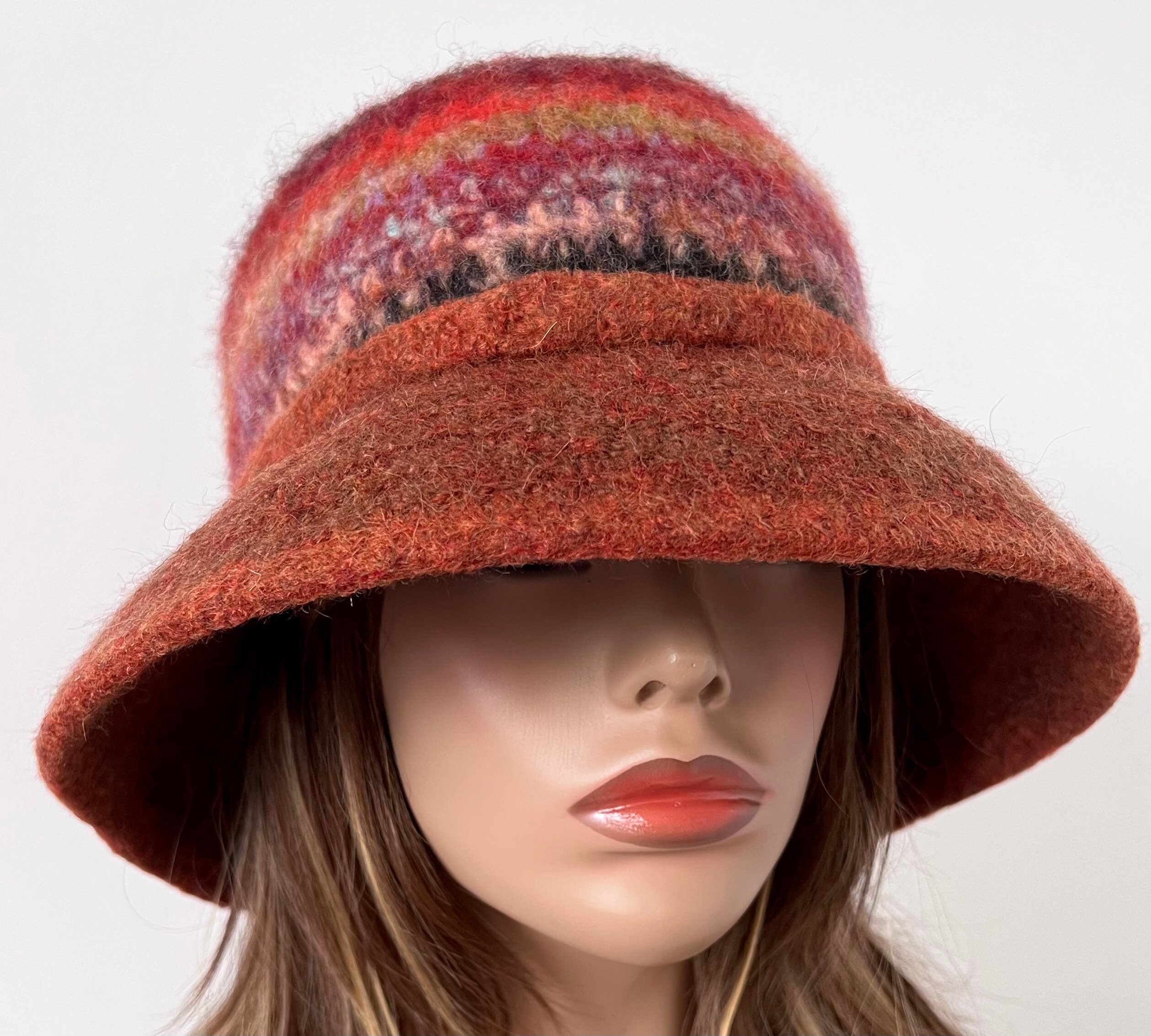 Vintage Women’s Black Felt Cloche Hat with Burnt Orange Accent Burnt Orange Felted Wool Cloche Hat: Handmade Winter Hat  main image 3